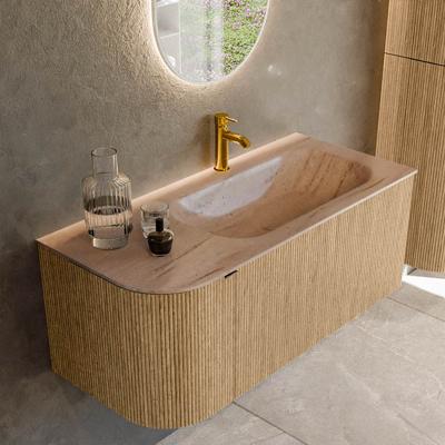 Badmeubel Mondiaz Kurve-Dlux | 105 cm | Meubelkleur Oak | Wastafelkleur Saba | Solid surface | Wasbak rechter zijde spoelbak | 1 kraangat