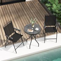 Set van 3 Buiten Bistro Meubilair met DPC Tafelblad Gat voor Parasol en Voetsteun Tuinbartafel met 2 Klapstoelen voor Terras Zwart