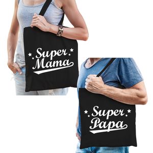 Super papa en Super mama tasje zwart - Cadeau tassen set voor Papa en Mama