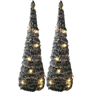 Set van 2x stuks kerstverlichting figuren Led kegel kerstboom groen besneeuwd 60 cm