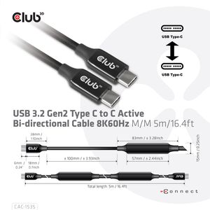 CLUB3D USB 3.2 Gen2 Type C naar C Actieve Bi-directionele Kabel 8K60Hz (alt modus) M/M 5m/16.4ft