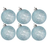 6x stuks kunststof glitter kerstballen ijsblauw 8 cm