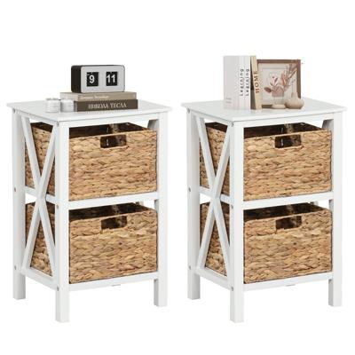 Set van 2 3-Traps Nachtkastjes met Zeegrasmanden X-Design Bijzettafel Salontafel met Acaciahouten Poten Opbergkast voor Woonkamer