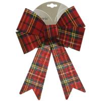 Decoris Kerstboom strik - rood - 38 cm - geruit patroon - kerstversiering - kerstdecoratie - kerstst