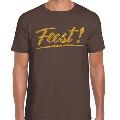 Party T-shirt heren - bruin - Feest! - glitter goud - Glitter en Glamour - thema feest