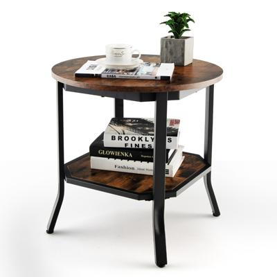 Industriële Ronde Bijzettafel 2-Laags Accent Bijzettafel met Open Schap & Stalen Poten Multifunctionele Banktafel Rustiek Bruin