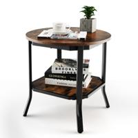 Industriële Ronde Bijzettafel 2-Laags Accent Bijzettafel met Open Schap & Stalen Poten Multifunctionele Banktafel Rustiek Bruin