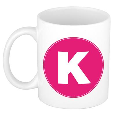 Koffie mok met de letter K - beker - roze - eerste letter van een voornaam - wit - 300 ml
