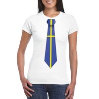 Wit t-shirt met Zweden vlag stropdas dames - thumbnail