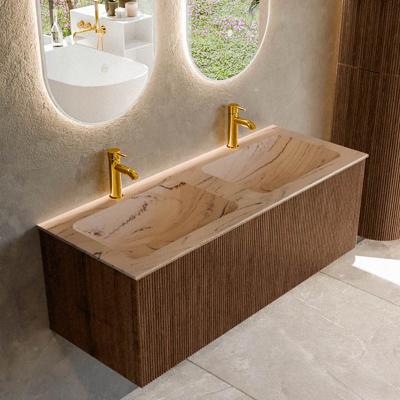 Badmeubel Mondiaz Kurve-Dlux | 120 cm | Meubelkleur Walnut | Wastafelkleur Arena | Solid surface | Wasbak beide zijden spoelbak | 2 kraangaten