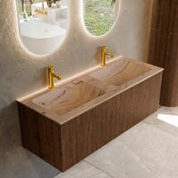 Badmeubel Mondiaz Kurve-Dlux | 120 cm | Meubelkleur Walnut | Wastafelkleur Arena | Solid surface | Wasbak beide zijden spoelbak | 2 kraangaten