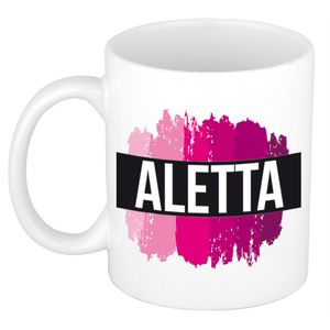 Naam cadeau mok / beker Aletta  met roze verfstrepen 300 ml   -