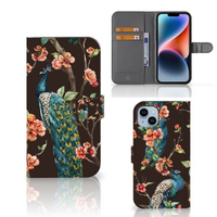 iPhone 15 Plus Telefoonhoesje met Pasjes Pauw met Bloemen