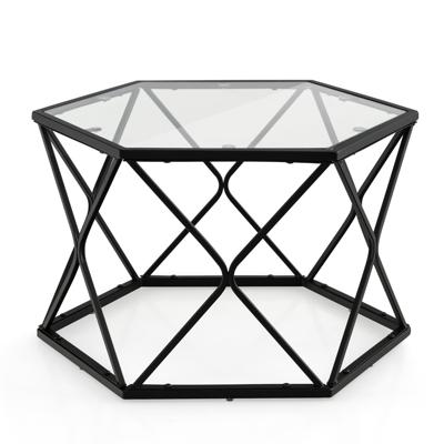 Geometrisch Glas Salontafel Hexagonale Eindtafel met Gehard Glas Bovenkant & Metalen Poten Moderne Accent Salontafel Zwart