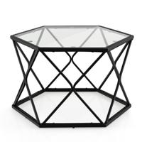 Geometrisch Glas Salontafel Hexagonale Eindtafel met Gehard Glas Bovenkant & Metalen Poten Moderne Accent Salontafel Zwart