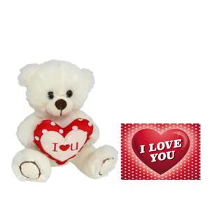 Pluche knuffelbeer met I Love hartje - wit/rood - 20 cm - inc. wenskaart