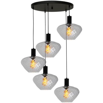Masterlight 5-lichts vide hanglamp - zwart -Porto met Blossom smoke glazen - 2712-05-05-50-5-7
