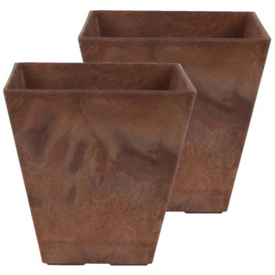 Bloempot/plantenpot - Set van 2x stuks - vierkant - gerecycled kunststof - terra bruin - D20 en H20