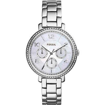Fossil ES3755 Jacqueline Dameshorloge van roestvrij staal met kristallen accenten en schakelarmband