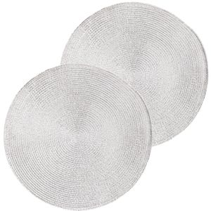 2x Ronde placemats glimmend zilver 38 cm geweven/gevlochten