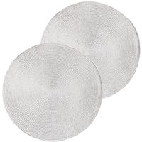 2x Ronde placemats glimmend zilver 38 cm geweven/gevlochten