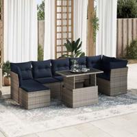 7-delige Loungeset met kussens poly rattan acacia grijs