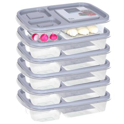Vershoudbakje/lunchbox - 6x - luchtdicht - 3 vakjes - lichtgrijs - kunststof - broodtrommel -24 x 15
