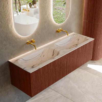 Badmeubel Mondiaz Kurve-Dlux | 150 cm | Meubelkleur Ruby | Wastafelkleur Nata | Solid surface | Wasbak beide zijden spoelbak | Zonder kraangat(en)