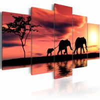 Schilderij - Olifanten in Afrika, oranje/geel, 5luik, wanddecoratie