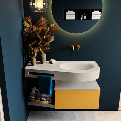 MONDIAZ RIVA 100cm badmeubel onderkast / planchet kleur Ocher met 1 lade. Wastafel DULCET rechts 0 kraangaten kleur Linen. MONDIAZ RIVA 100cm badmeubel onderkast / planchet kleur Ocher met 1 lade. Wastafel DULCET rechts 0 kraangaten kleur Linen.