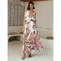 Dames Midi-jurk Maxi-jurk Beige Korte mouw Flora Geknoopt Opdrukken Lente zomer V-hals Patroon jurk XS S M