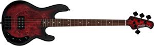 Sterling by Music Man StingRay Ray34 Poplar Burl Dark Scarlet Burst Satin elektrische basgitaar met gigbag