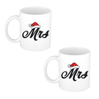 2x stuks Mrs kerstmuts cadeau mok / beker wit voor dames 300 ml - Bekers