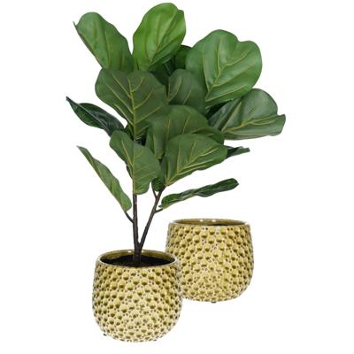 Plantenpot/bloempot Pebblo - 2x - keramiek/geglazuurd?- geel - druppels - D15 x H13 cm