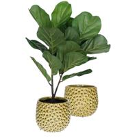 Plantenpot/bloempot Pebblo - 2x - keramiek/geglazuurd?- geel - druppels - D15 x H13 cm