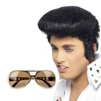 Rock and Roll ster Elvis verkleed set - herenpruik zwart met kuif - en bril goud montuur - thumbnail