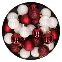 28x stuks kunststof kerstballen parelmoer wit en donkerrood mix 3 cm - thumbnail