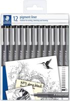 Staedtler pigment liner fineliner, verschillende schrijfbreedtes, set van 12 stuks, zwart - thumbnail