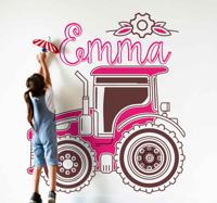 Stickers drukken Roze tractor met naam - thumbnail