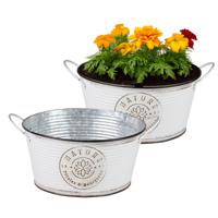 Plantenpot/bloempot teil voor buiten - 2x - zink - rond - ivoorwit - D25 x H12 cm