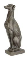 A RESIN FIGURINE OF A SITTING GREYHOUND