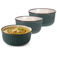 Soepkom Striped - 2x - donkergroen - 14 x 7 cm - keramiek - kommetjes - 500 ml