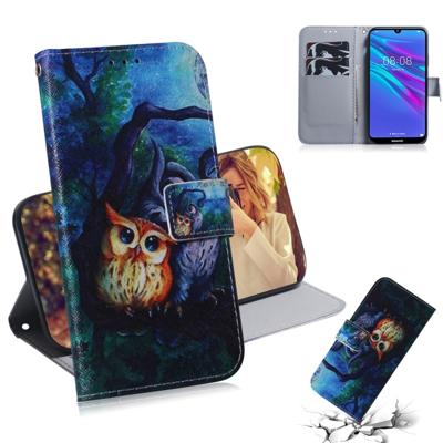 Olieverf uil patroon gekleurde tekening horizontale Flip lederen case voor Huawei Y6 (2019) met houder & card slots & portemonnee