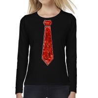 Verkleed shirt voor dames - stropdas pailletten rood - zwart - carnaval - foute party - longsleeve