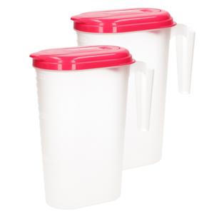 2x stuks waterkan/sapkan transparant/fuschia roze met deksel 1.6 liter kunststof