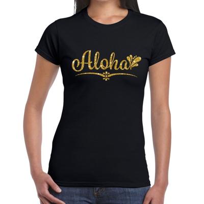 Hawaii verkleedkleding T-shirt - Aloha - zwart - voor dames - met gouden letters Hawaii verkleedkleding T-shirt - Aloha - zwart - voor dames - met gouden letters