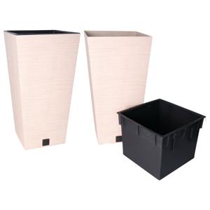 Plantenpot/bloempot - 2x - voor buiten - kunststof - beige/creme - Eco wood look - D26 x H50 cm