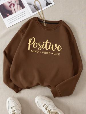 Letter Graphic Thermal Lined Sweatshirt | White Casual Pullover Coffee Brown / XS
