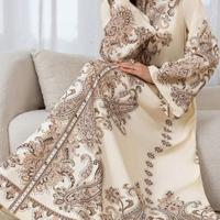 Women's Apricot Paisley Muslin Long Dress | Elegant Flare Sleeve S