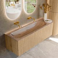 Badmeubel Mondiaz Kurve-Dlux | 145 cm | Meubelkleur Oak | Wastafelkleur Arena | Solid surface | Wasbak linker zijde spoelbak | Zonder kraangat(en)